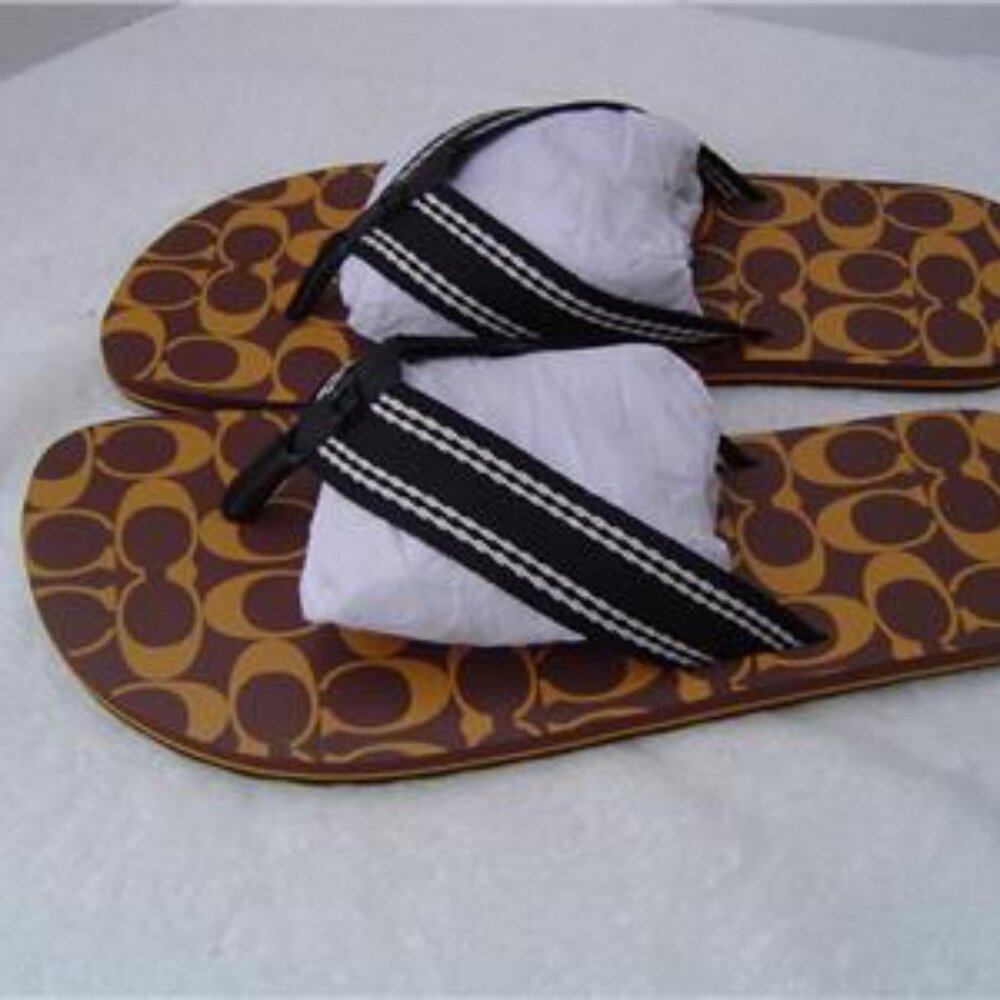 NEW MENS COACH SADDLE AND PAPAYA SIGNATURE PRINT FLIP FLOPS #C8896 SIZE 9 - Picture 4 of 9
